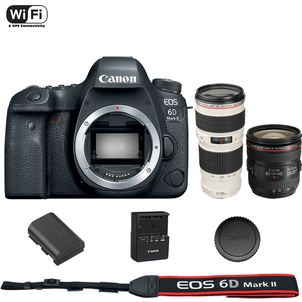 Canon EOS 6D Mark II DSLR Camera Body with 24-70mm f/4L IS USM + 70-200mm  f/4L USM Lens