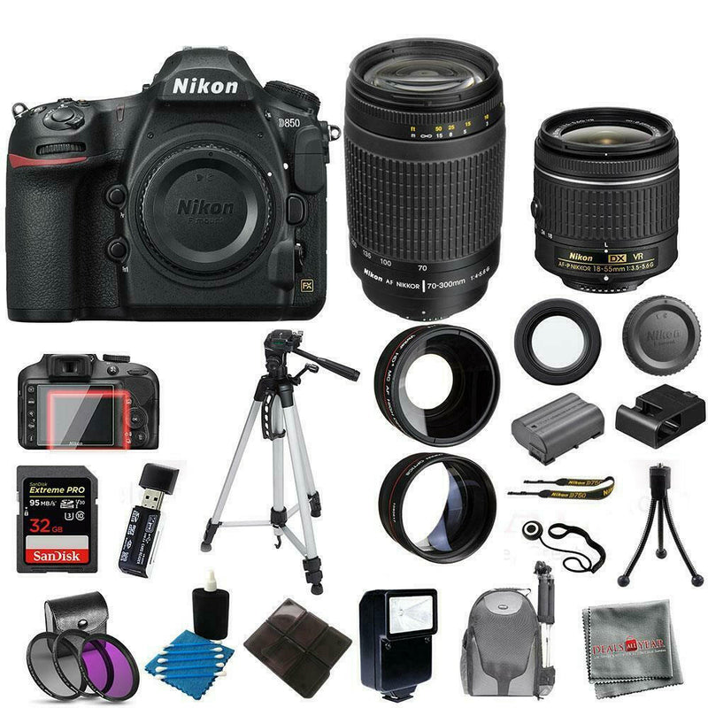 Nikon D850 DSLR Camera + 4 Lens Kit: 18-55mm VR + 70-300mm + 32GB Kit